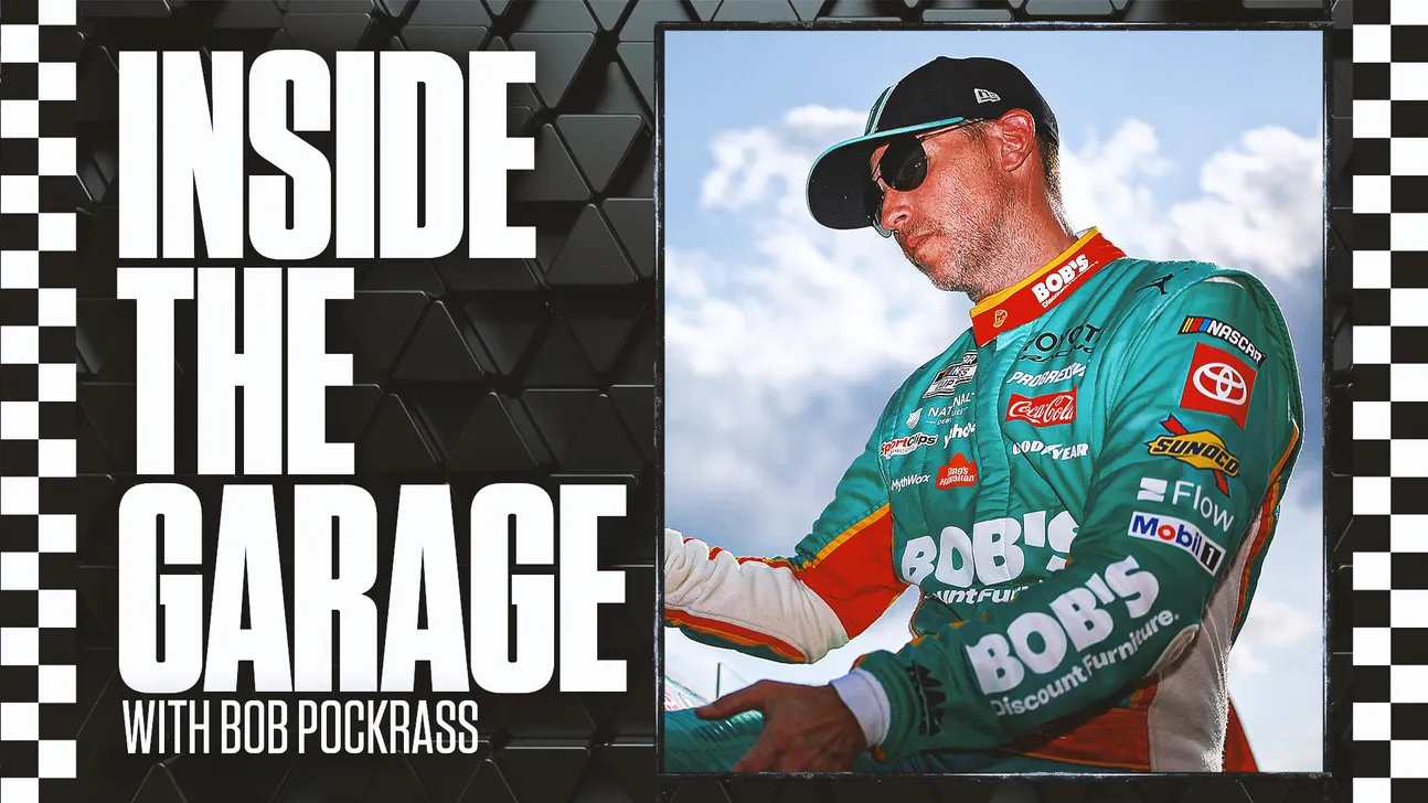 Promotional graphic showing a NASCAR driver in a teal racing suit beside the words “Inside the Garage.”