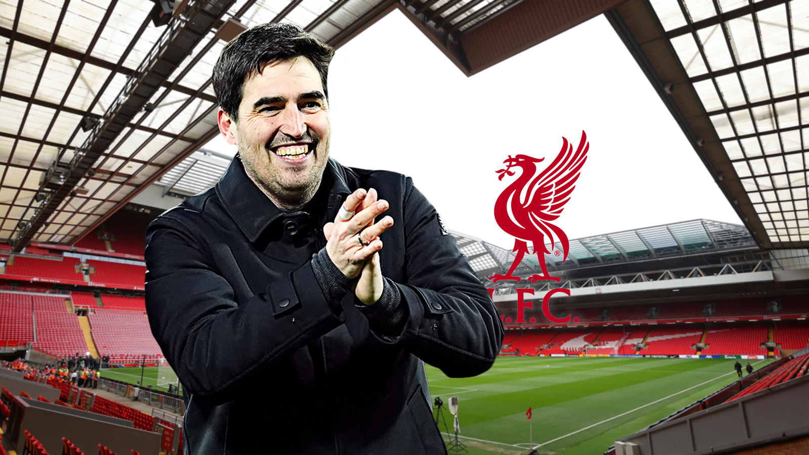 Smiling man in a dark coat claps in front of a football stadium and red liver bird emblem.