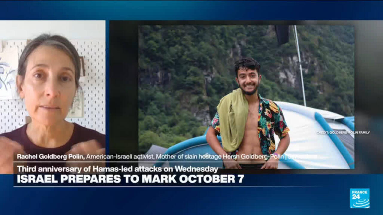 Split-screen news broadcast shows a woman speaking beside a photograph of a smiling man on a boat.