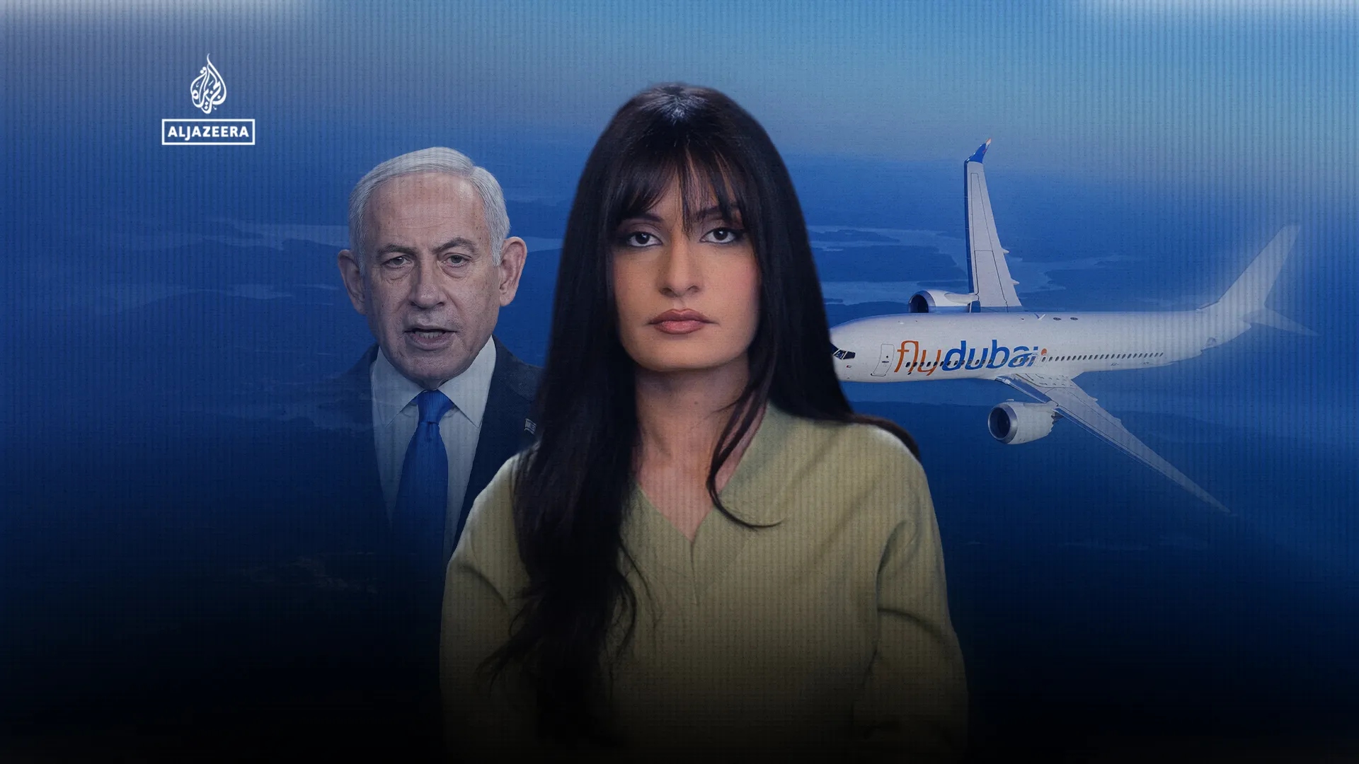 Composite shows a woman in front of a suited man and a flydubai passenger plane against a blue backdrop.