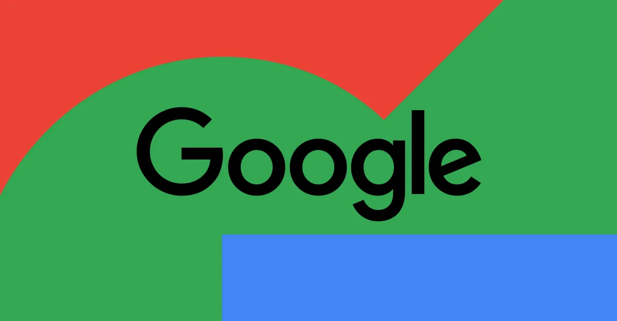 Google wordmark in black over large green, red, and blue geometric shapes.