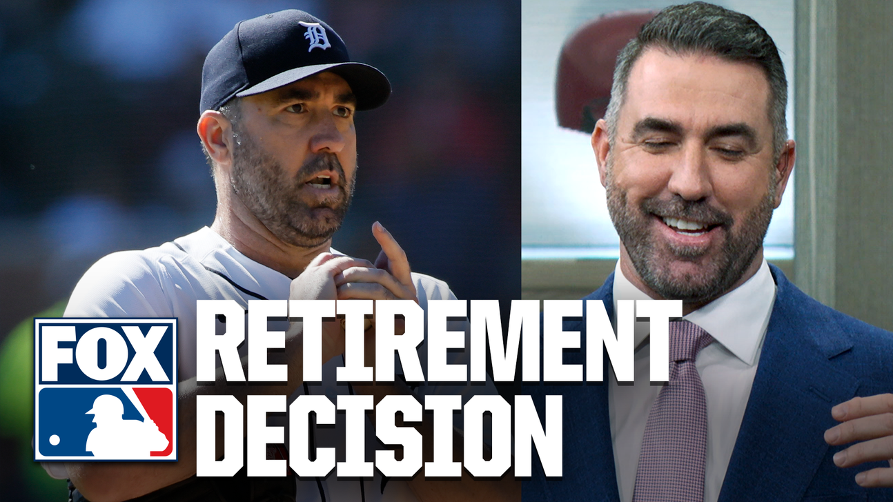 Two men appear side by side, one wearing a Detroit Tigers cap and the other a blue suit, above retirement text.