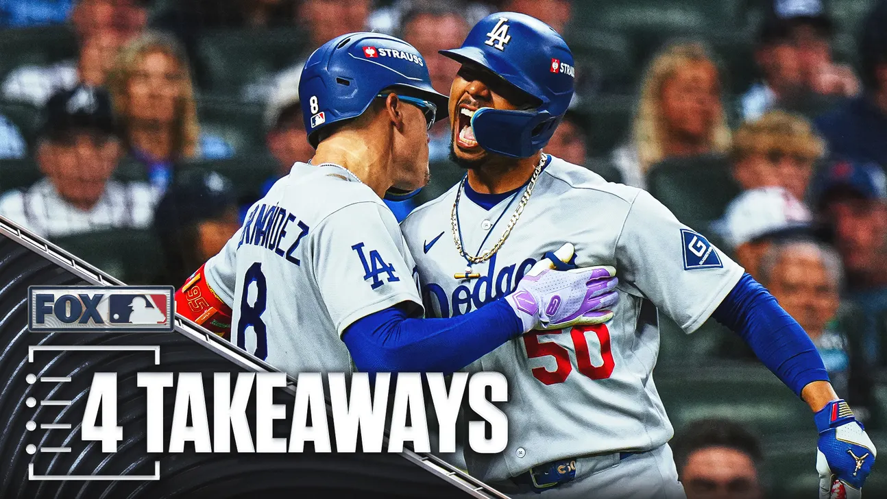 Two Dodgers players celebrate together on the field as a broadcast graphic reads “4 Takeaways.”
