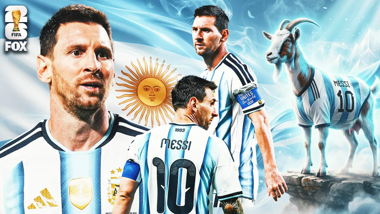 Collage of Lionel Messi in Argentina jerseys beside the national flag and a goat wearing a Messi number 10 shirt.