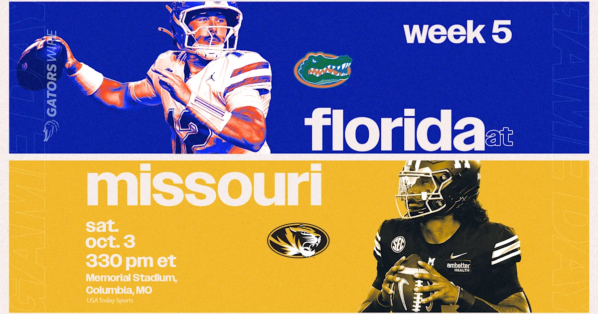 Florida and Missouri football players appear on a split blue and gold Week 5 matchup graphic.