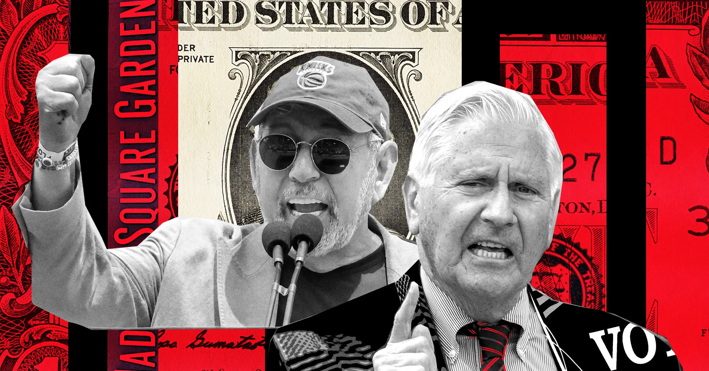 Black-and-white cutouts of two men against a red collage of documents and currency imagery.
