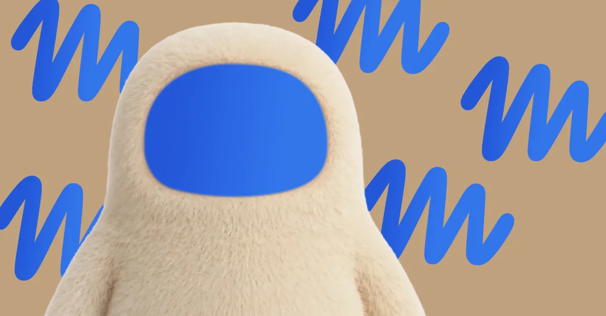 Close-up of a cream-colored fuzzy figure with a blue face against a tan background with blue squiggles.