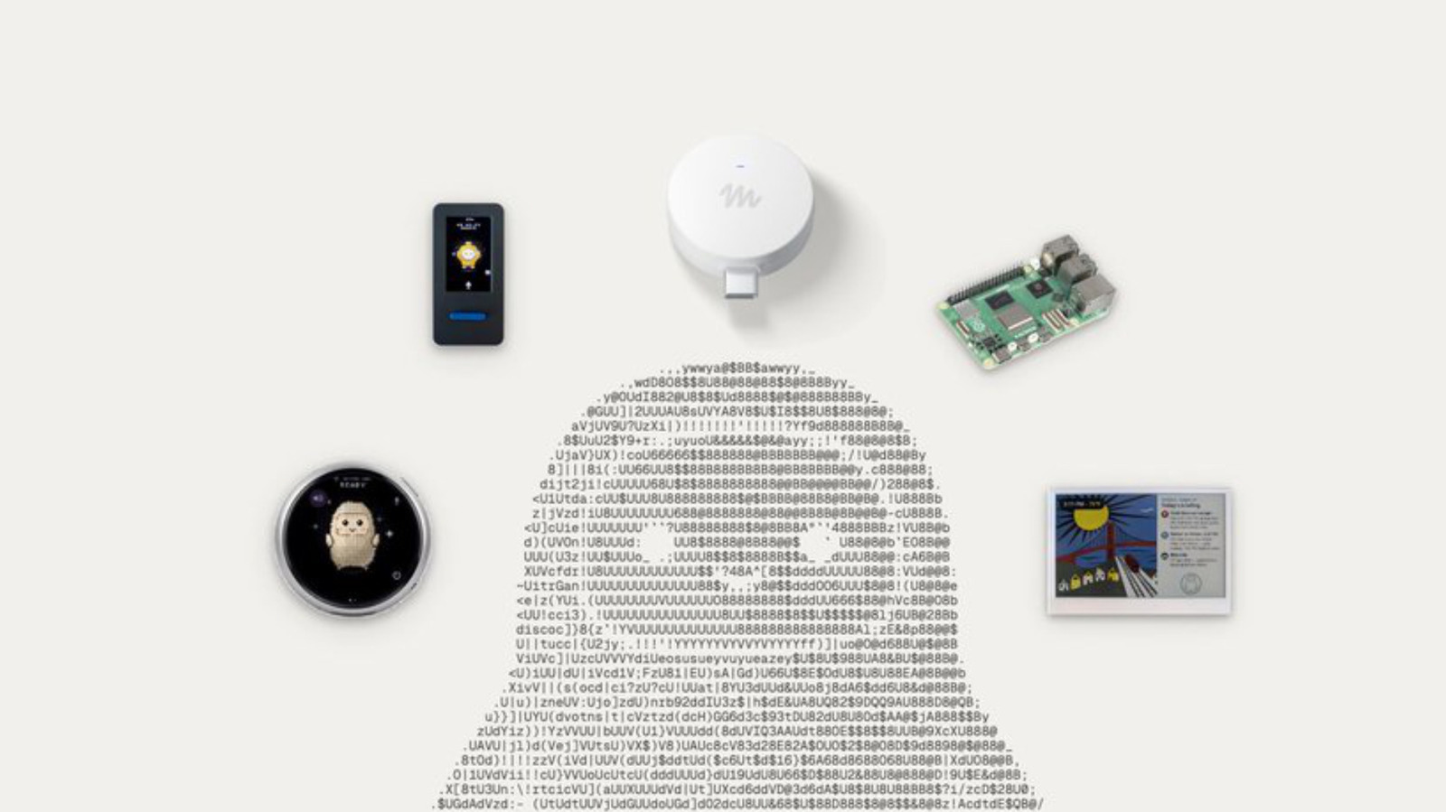 White-background collage of small electronic devices surrounding a central column of dense computer code.