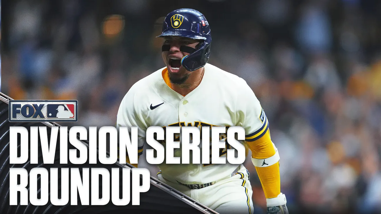 A Brewers player in a navy helmet and white uniform celebrates as a Division Series Roundup graphic fills the foreground.