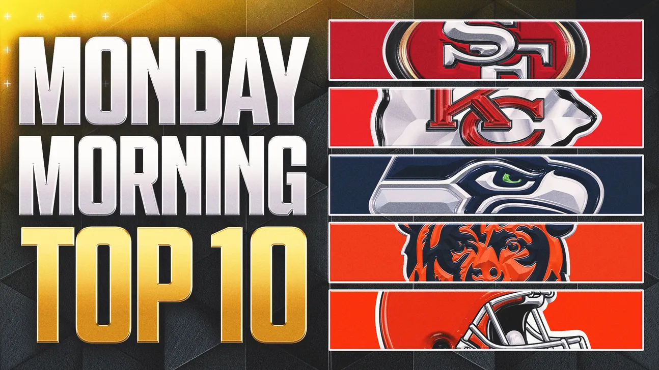 Graphic reads “Monday Morning Top 10” beside cropped NFL team logos on colored panels.