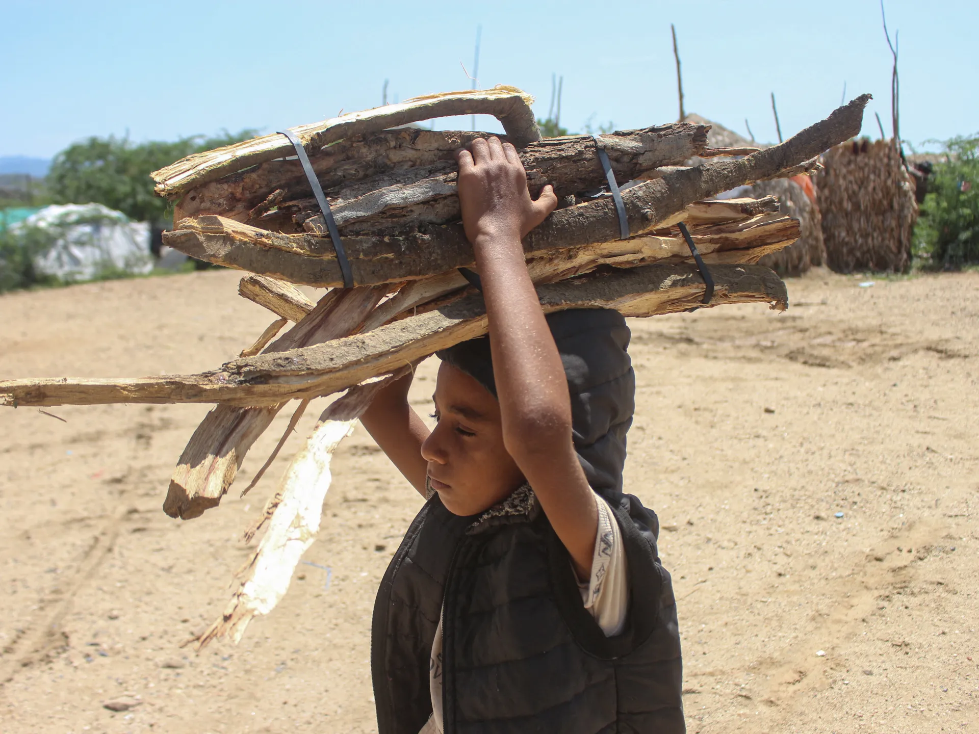 A child carries a bundle of firewood on their head across a dry, sunlit area.
