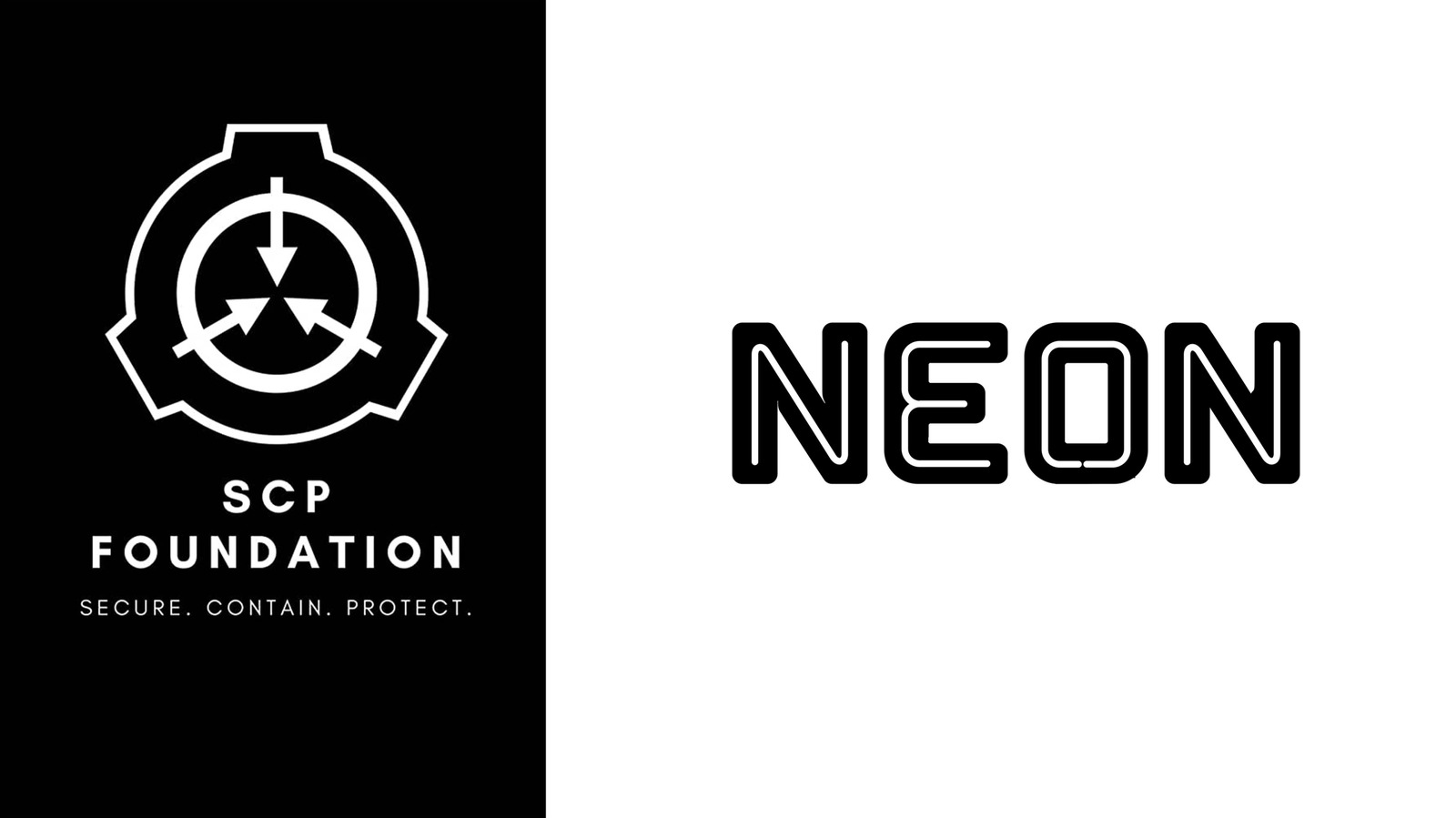 SCP Foundation emblem and lettering on a black panel beside the word NEON on white.