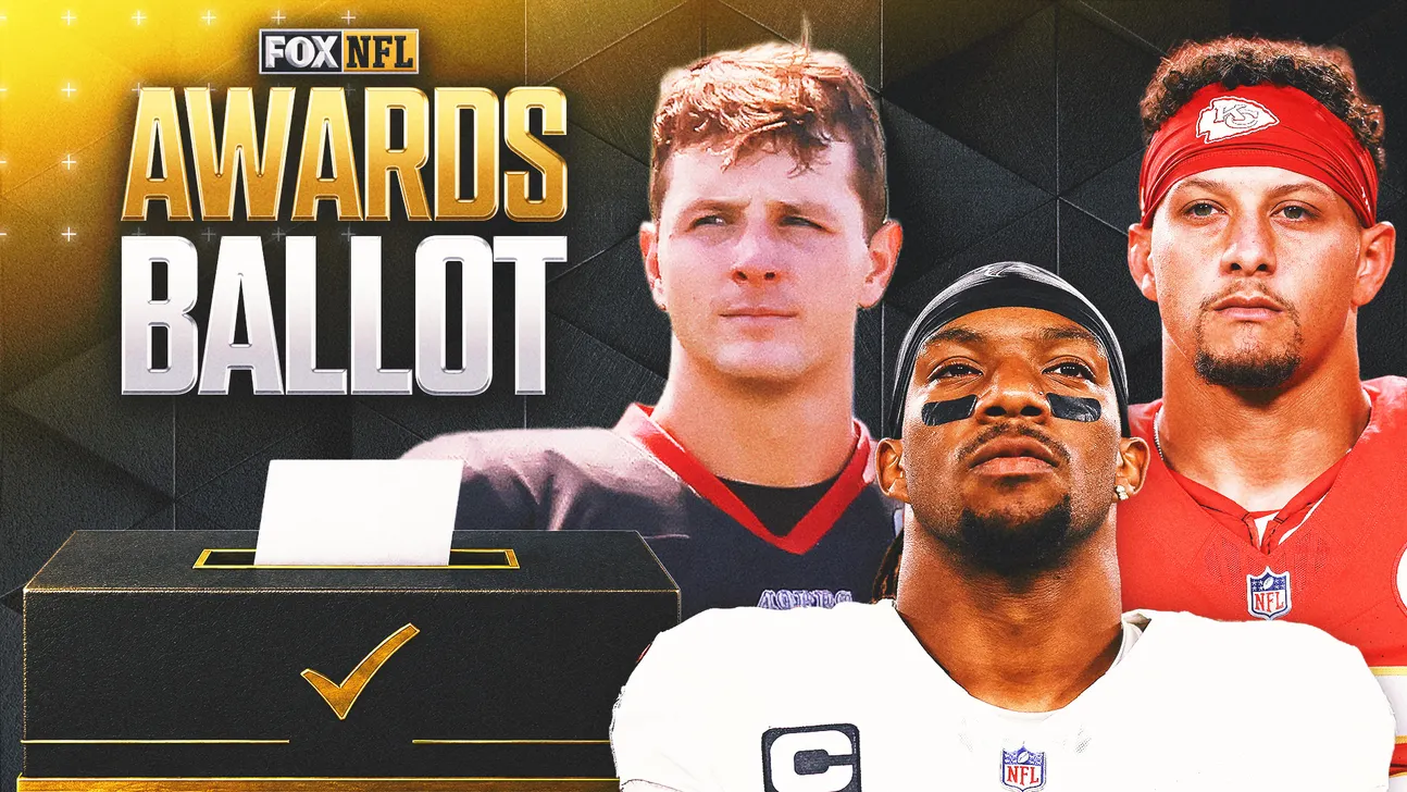 NFL Awards Ballot graphic with three players behind a ballot box and check mark.