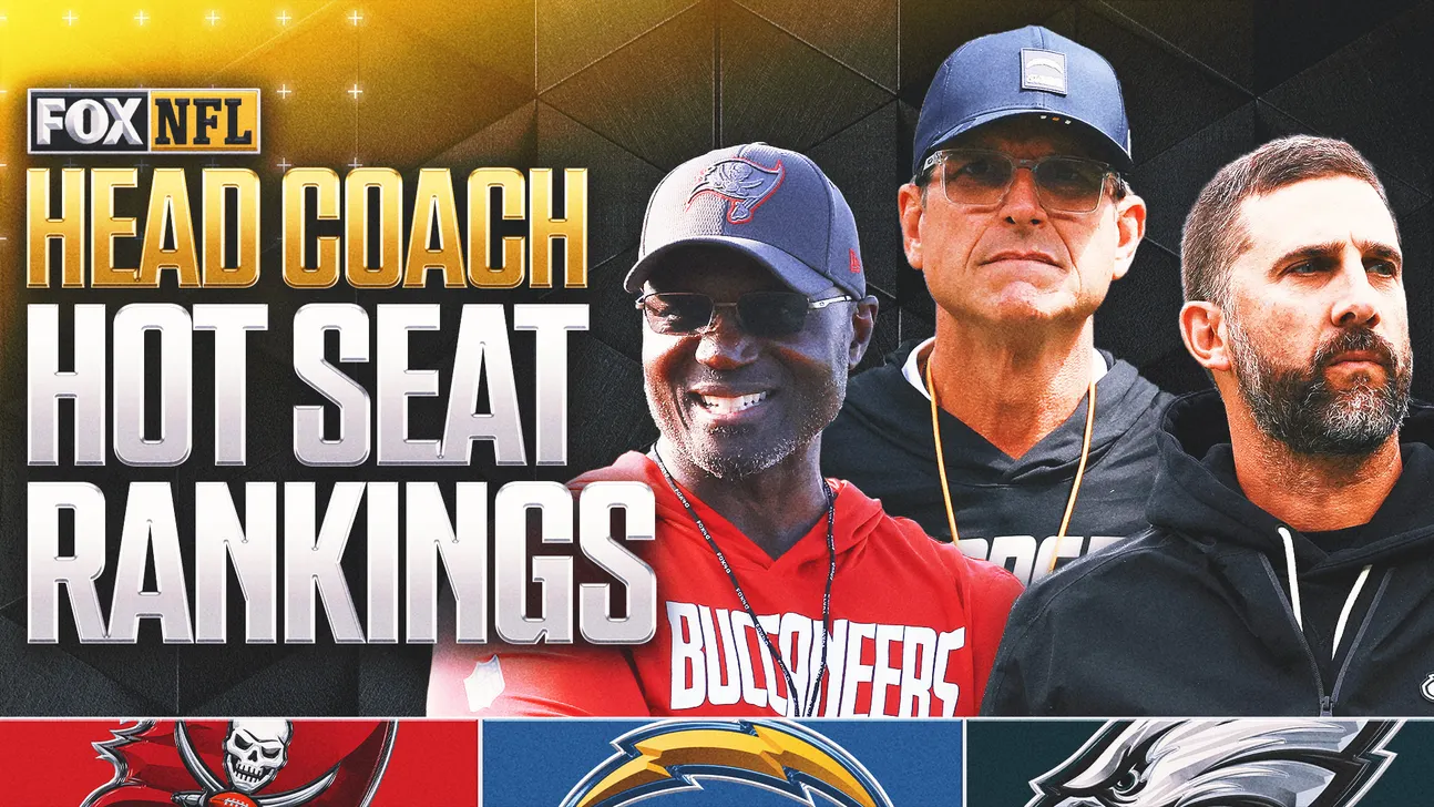 Graphic reading “Head Coach Hot Seat Rankings” beside three coaches and partial NFL team logos.