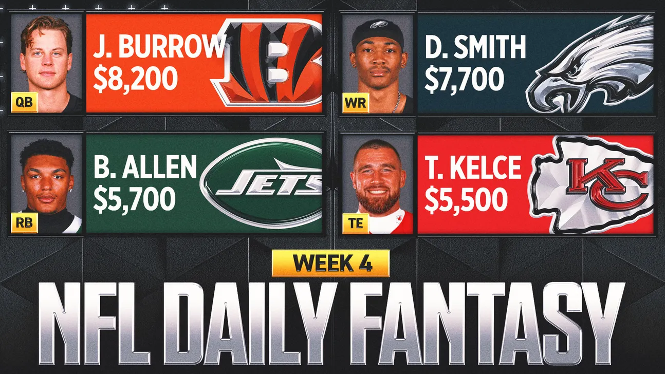 NFL Daily Fantasy Week 4 graphic showing four player panels with names, positions, salaries, portraits and team logos.