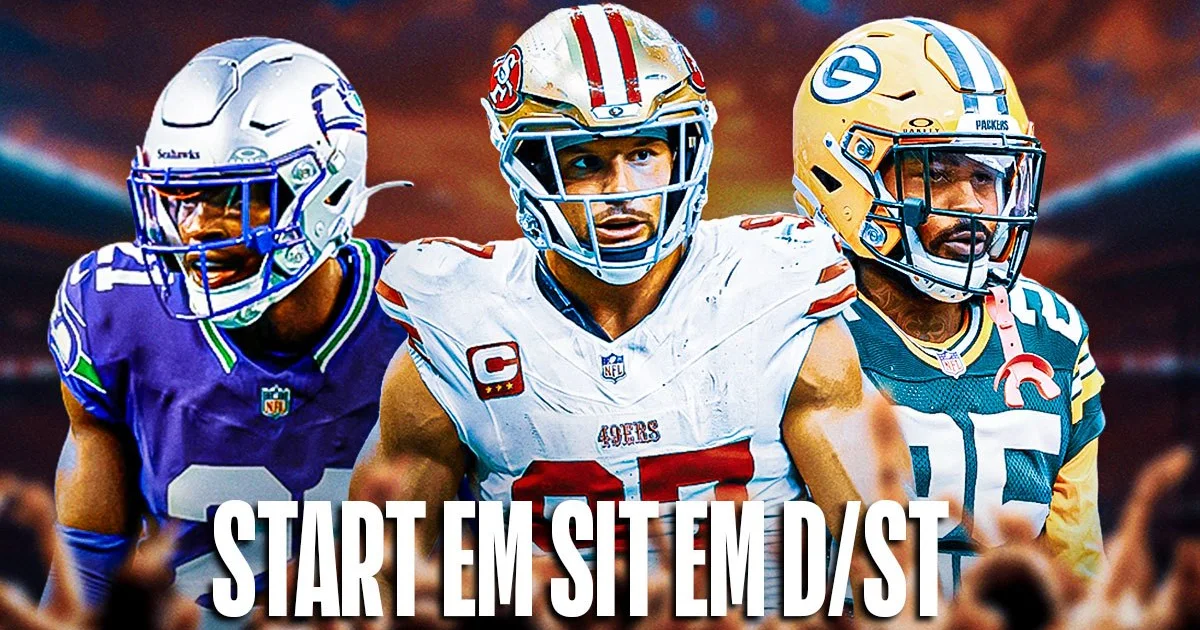 Three football players in helmets and uniforms, with large “START EM SIT EM D/ST” text across the bottom.