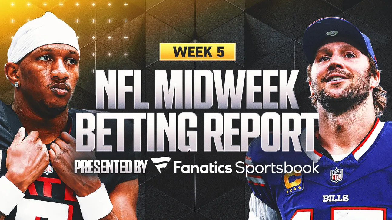 Graphic shows two NFL players flanking the words “NFL Midweek Betting Report” and “Week 5.”
