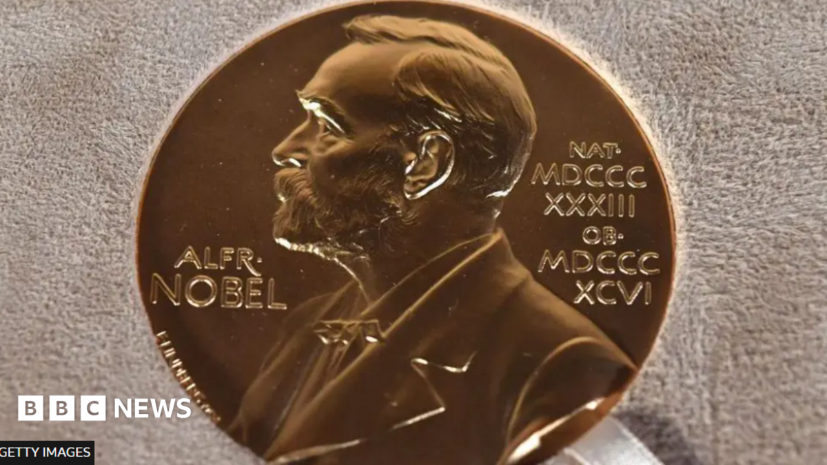 Bronze Nobel medal bearing Alfred Nobel’s profile rests on a textured gray surface.