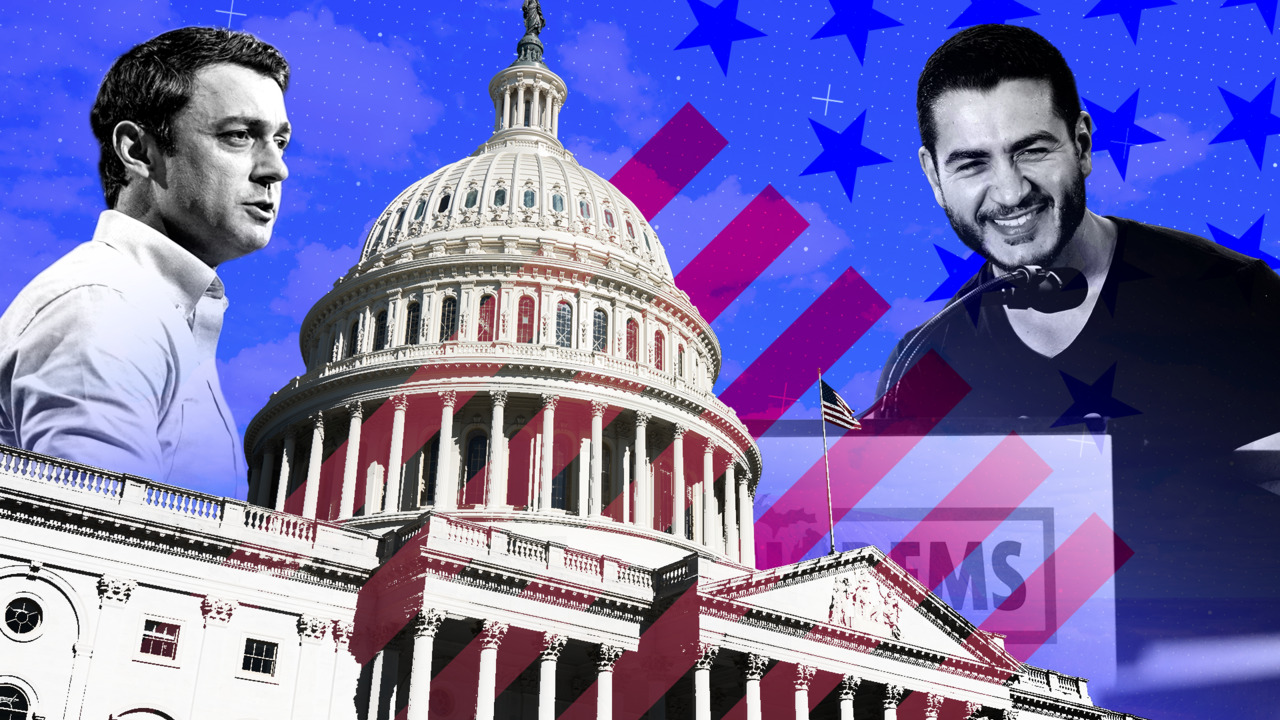 Monochrome portraits of two men flank the U.S. Capitol against a blue, star-patterned background.