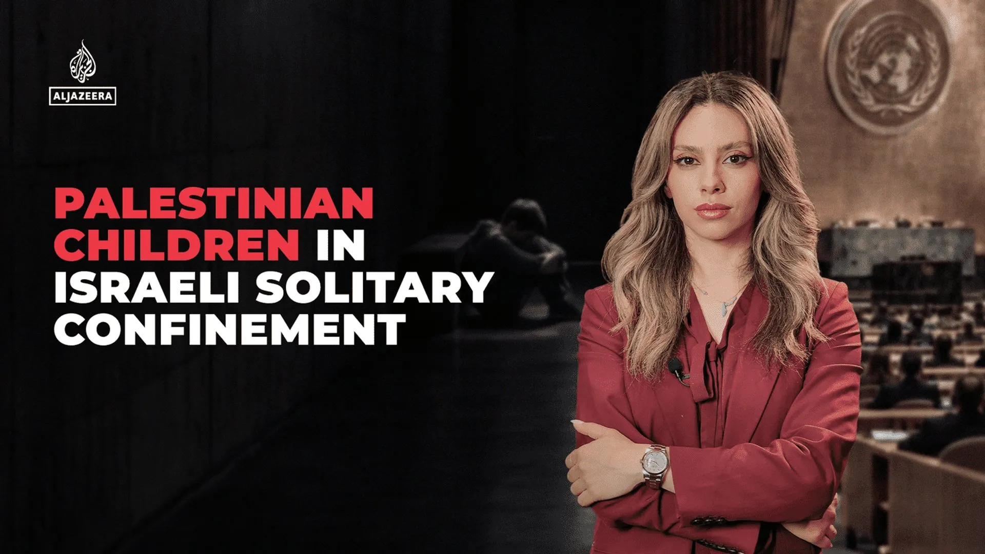 A woman in a red blazer sits before a dark background beside a headline about Palestinian children in solitary confinement.