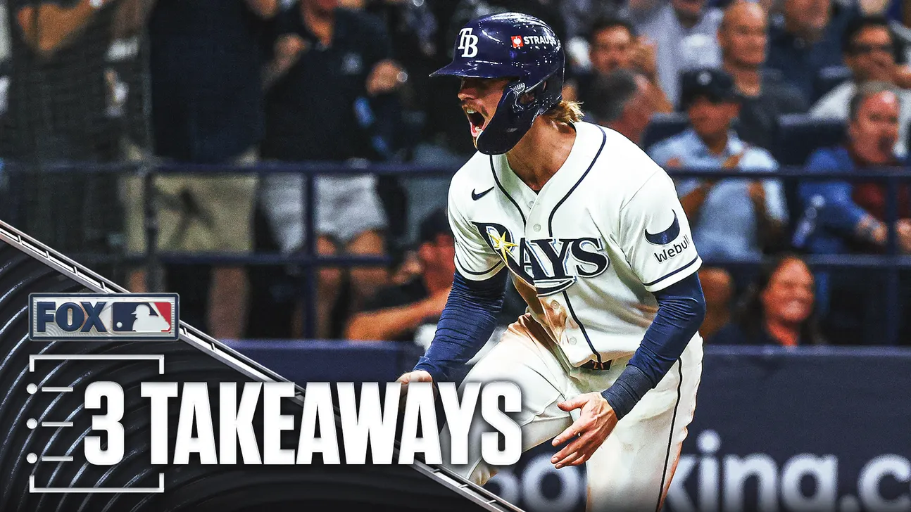 A Tampa Bay Rays player celebrates on the field beneath a broadcast graphic reading “3 Takeaways.”