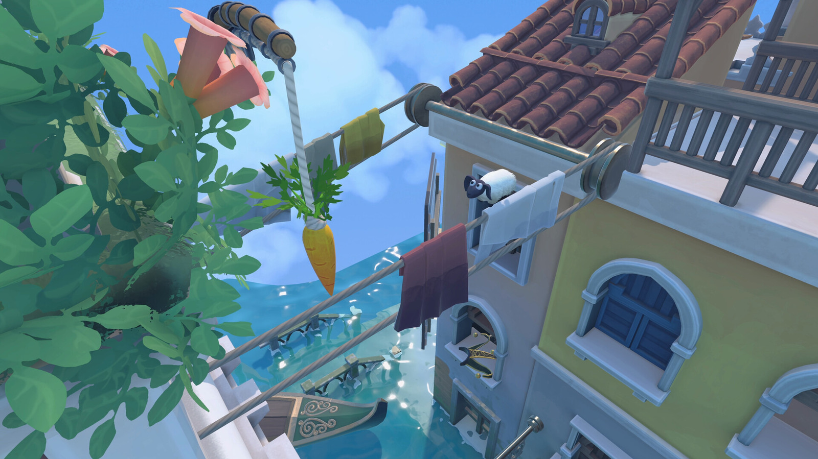 A cartoon sheep peers over laundry on a clothesline above water beside a tiled-roof house.