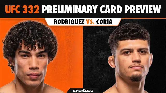 Split-screen graphic shows two male fighters beneath a UFC 332 preliminary card preview banner.