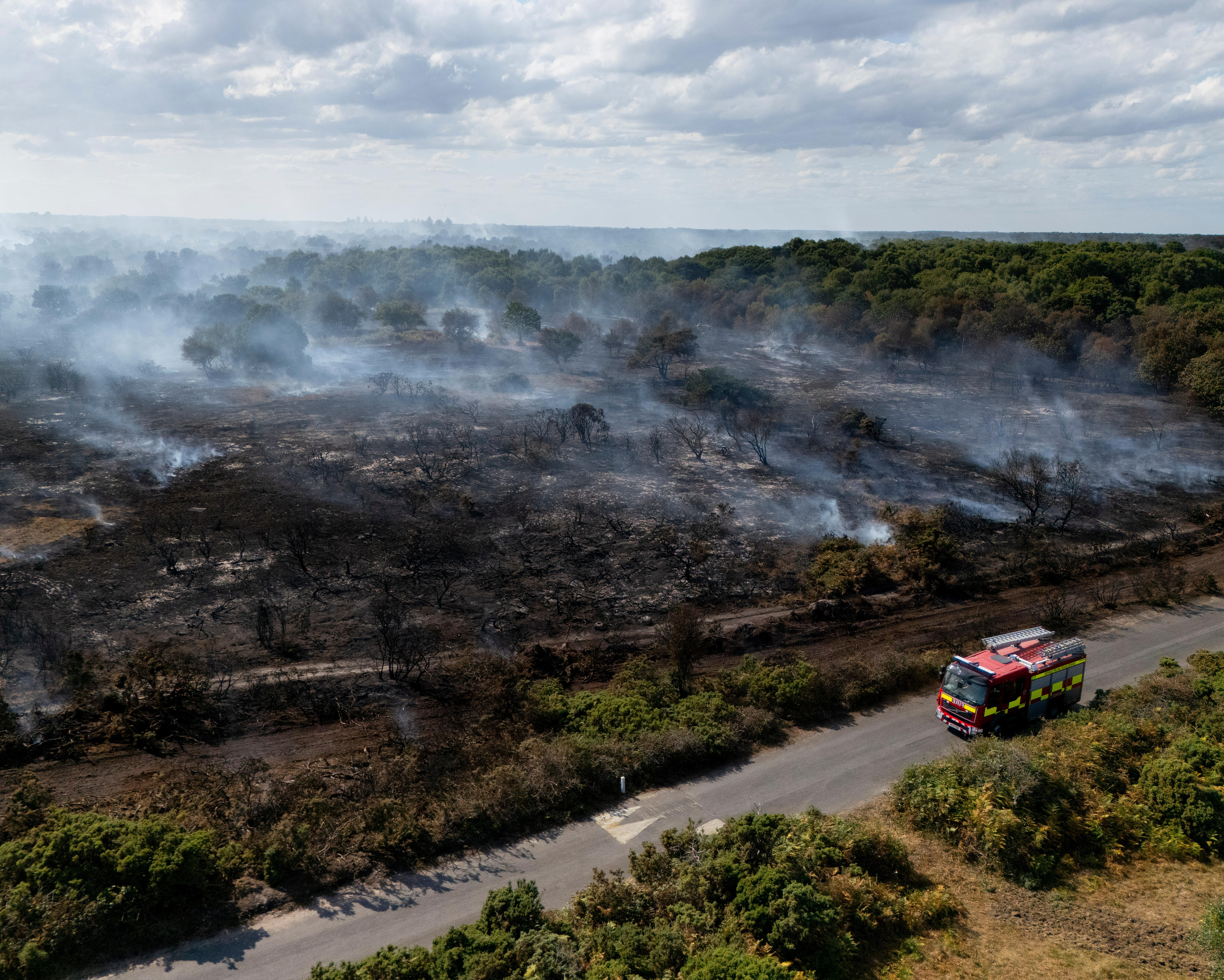 A fire engine travels along a road beside a smoke-covered, charred woodland under a cloudy sky.