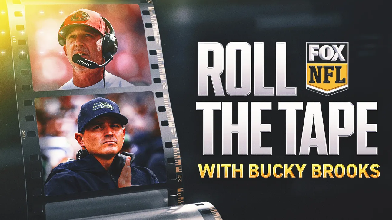 Two football coaches appear in film frames beside Roll the Tape with Bucky Brooks branding.