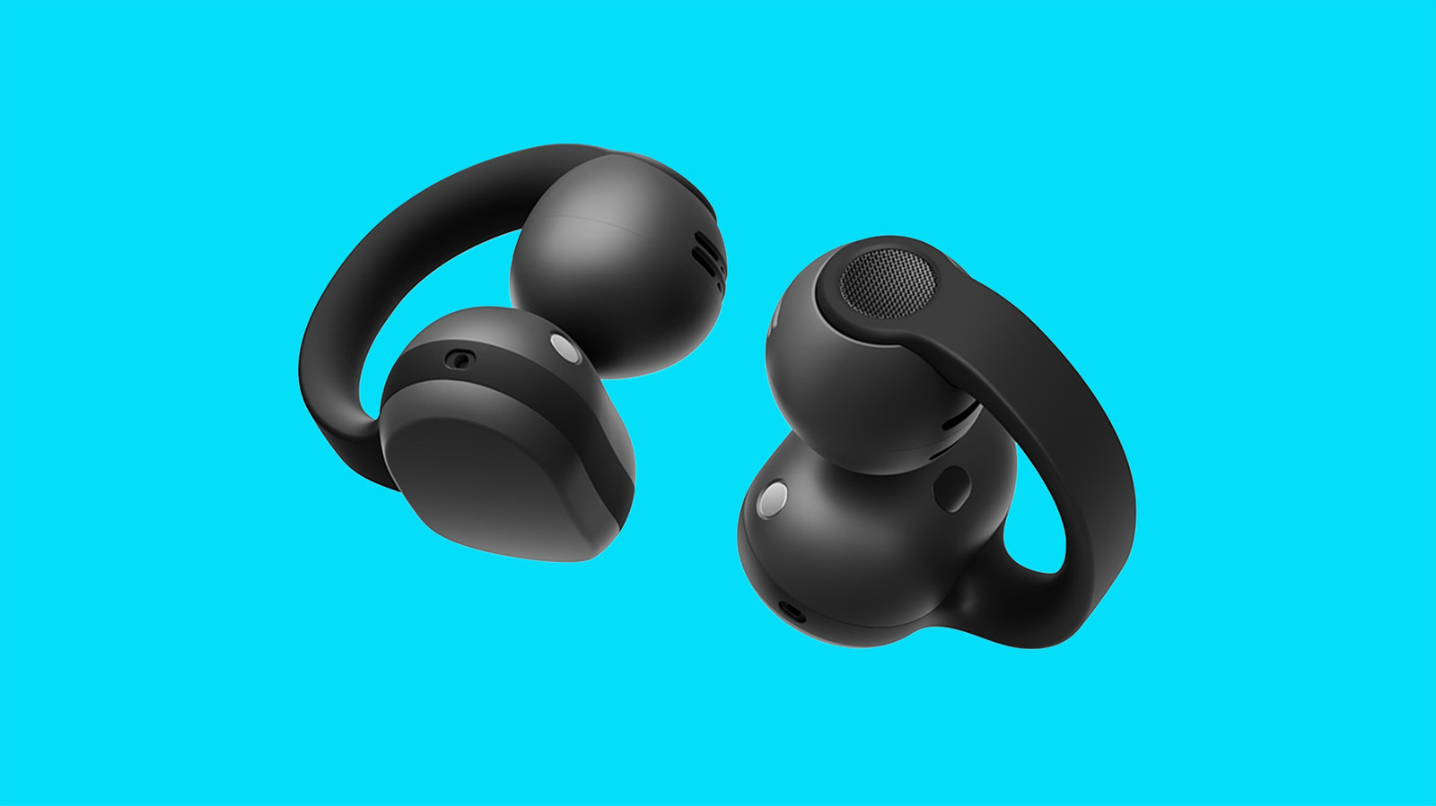 Two black wireless earbuds with curved clip-style bands shown against a bright cyan background.