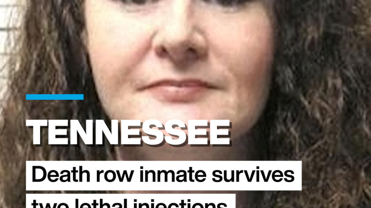 Close crop of a woman’s face with overlaid text reading “Tennessee” and “Death row inmate survives two lethal injections.”