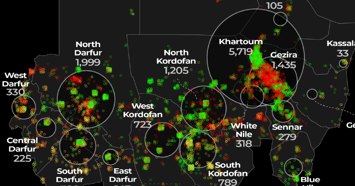 Dark map with Sudanese region labels, casualty figures, and dense red and green incident markers.