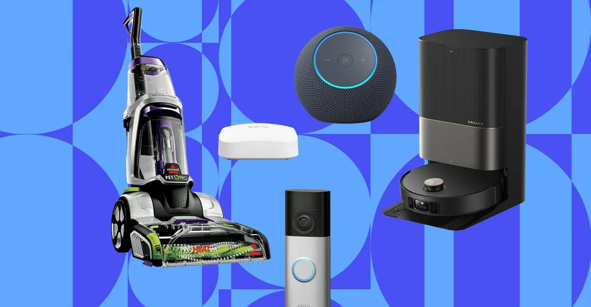 Several home devices, including a vacuum, smart speaker, doorbell camera, and robot vacuum, against a blue geometric background.