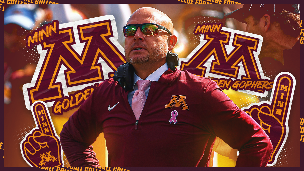 Bald coach in sunglasses and maroon Minnesota jacket stands hands on hips amid football graphics.