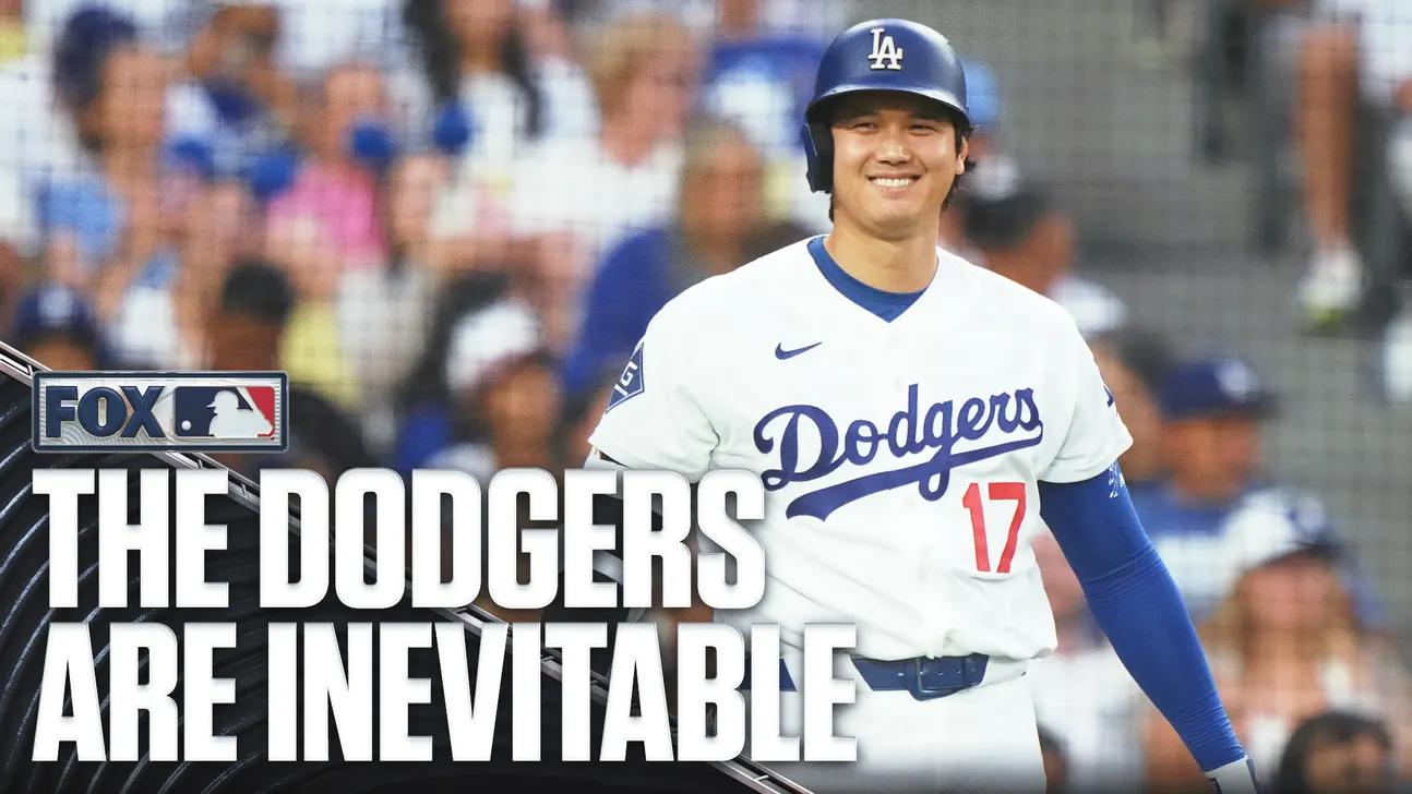 Smiling Dodgers player in a white number 17 jersey and blue helmet, with playoff headline graphics across the bottom.