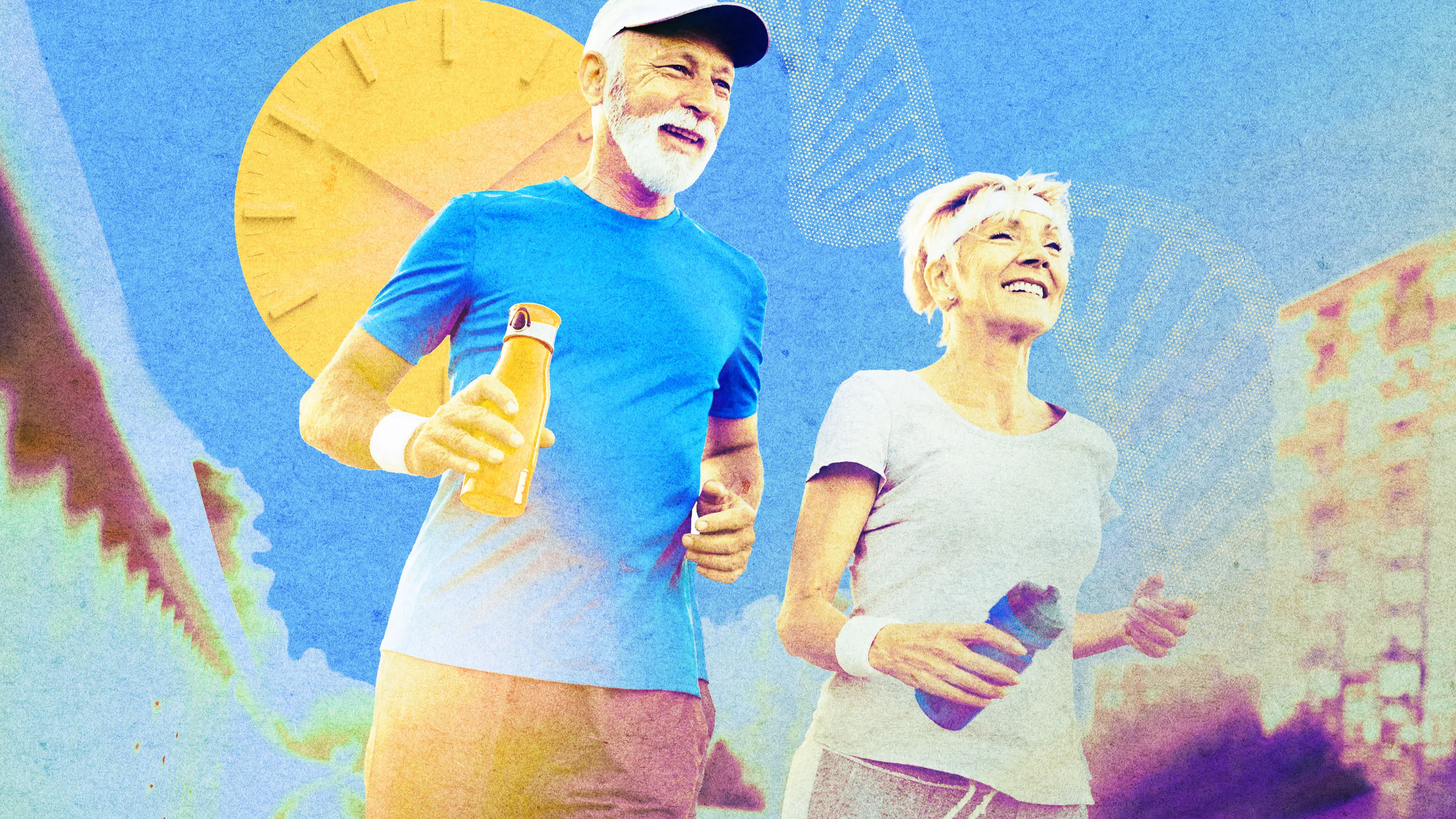 An older man and woman jog outdoors, holding drinks, against a bright blue illustrated backdrop with a clock.