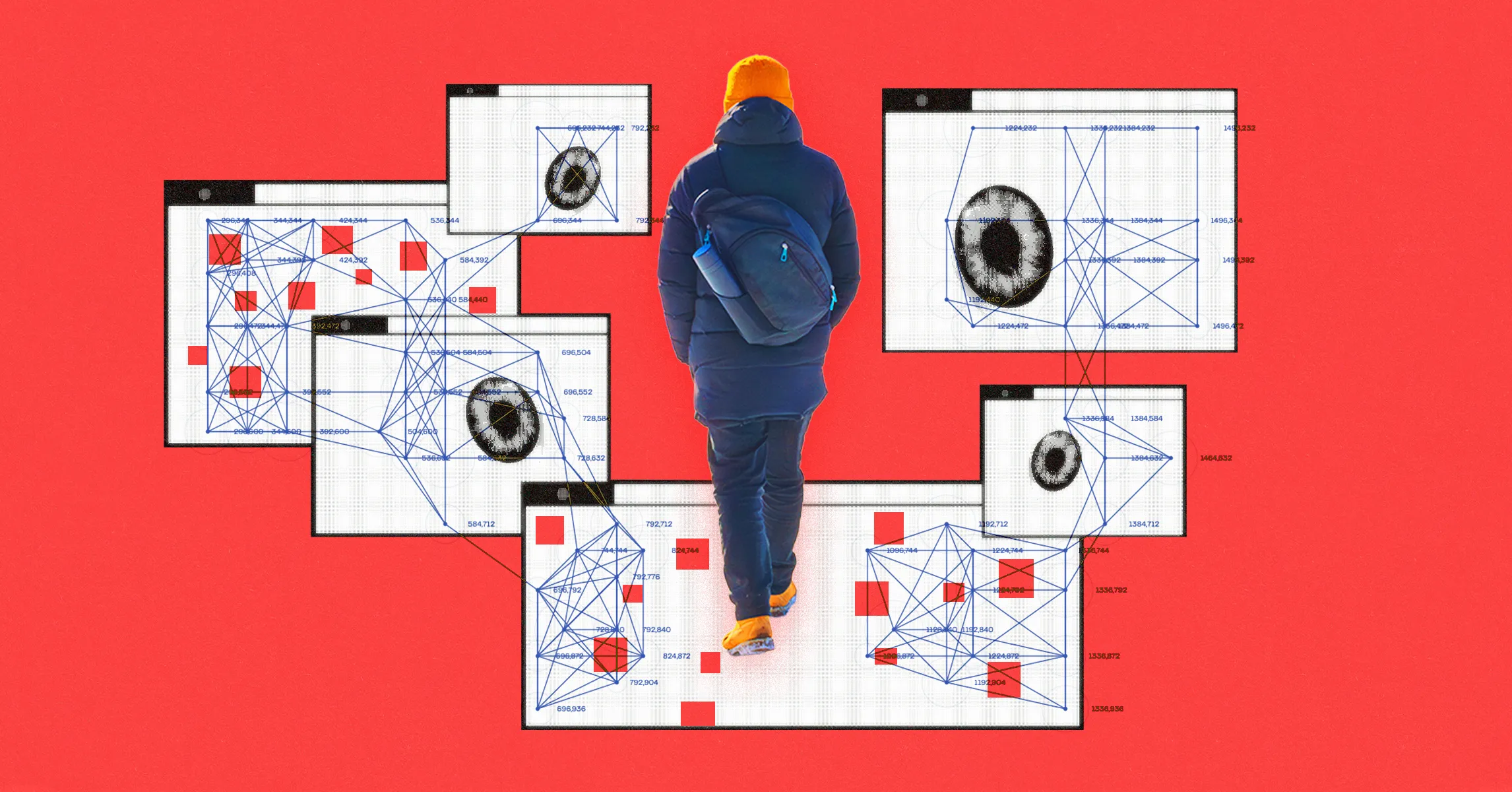 Person in a blue jacket and orange hat walks among screens showing eyes and network diagrams.
