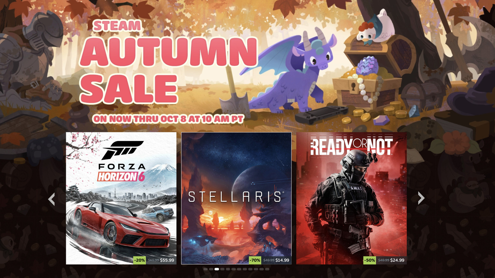 Steam Autumn Sale banner above game tiles for Forza Horizon 6, Stellaris, and Ready or Not.