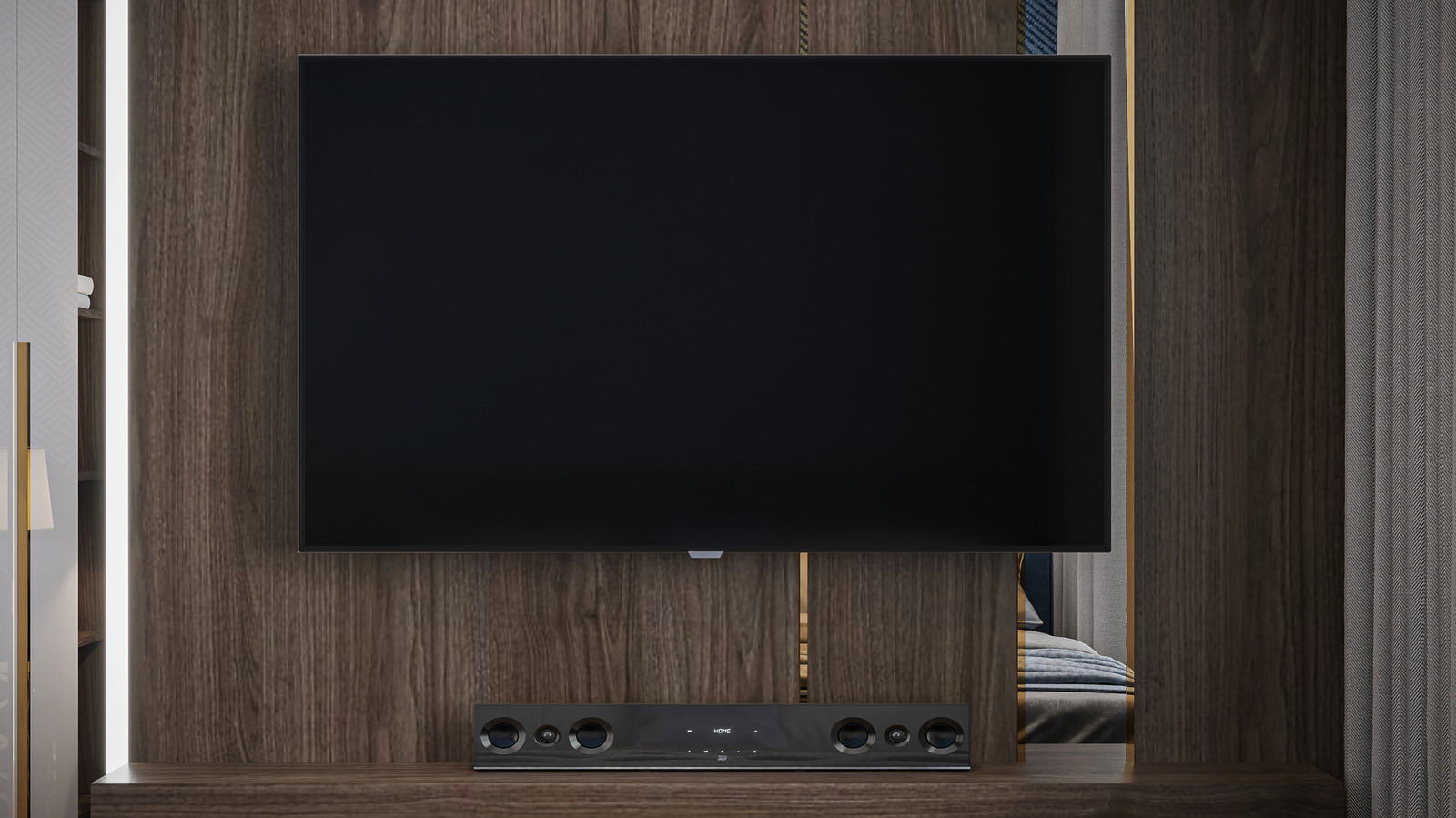 A wall-mounted television and soundbar sit against dark wood paneling in a bedroom.