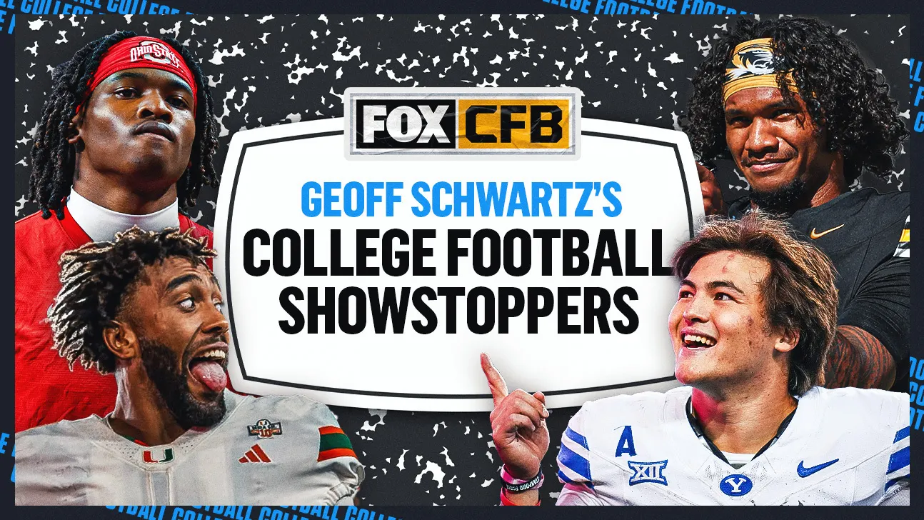 Four college football players surround a FOX CFB graphic reading Geoff Schwartz’s College Football Showstoppers.