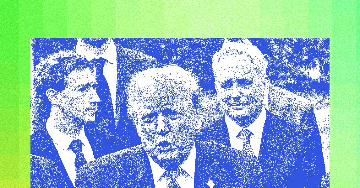 Blue halftone image shows three suited men, including a central older man, against a bright green background.