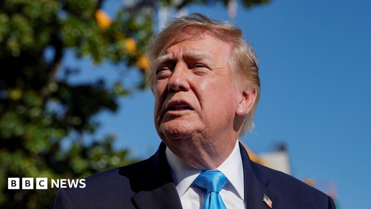 Donald Trump in a dark suit and blue tie stands outdoors beneath a clear sky.