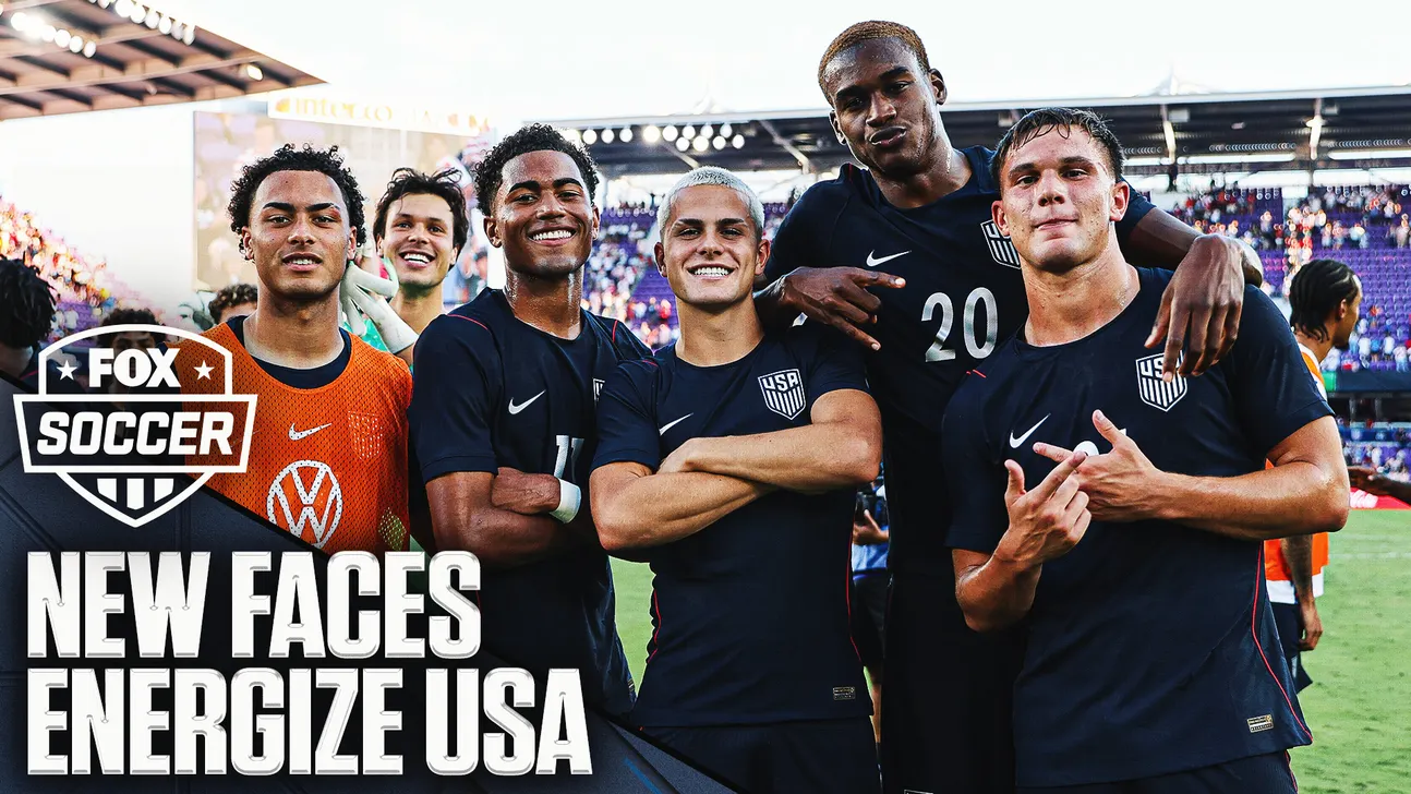 Six U.S. soccer players pose together on the field, with a FOX Soccer “New Faces Energize USA” graphic.