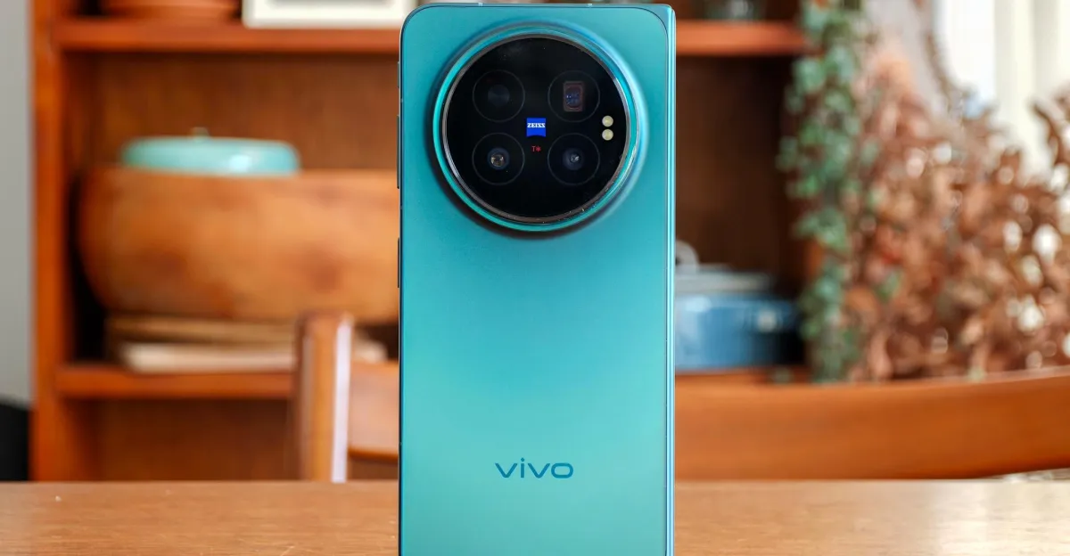 Turquoise Vivo smartphone stands upright on a wooden table, showing its large circular rear camera module.