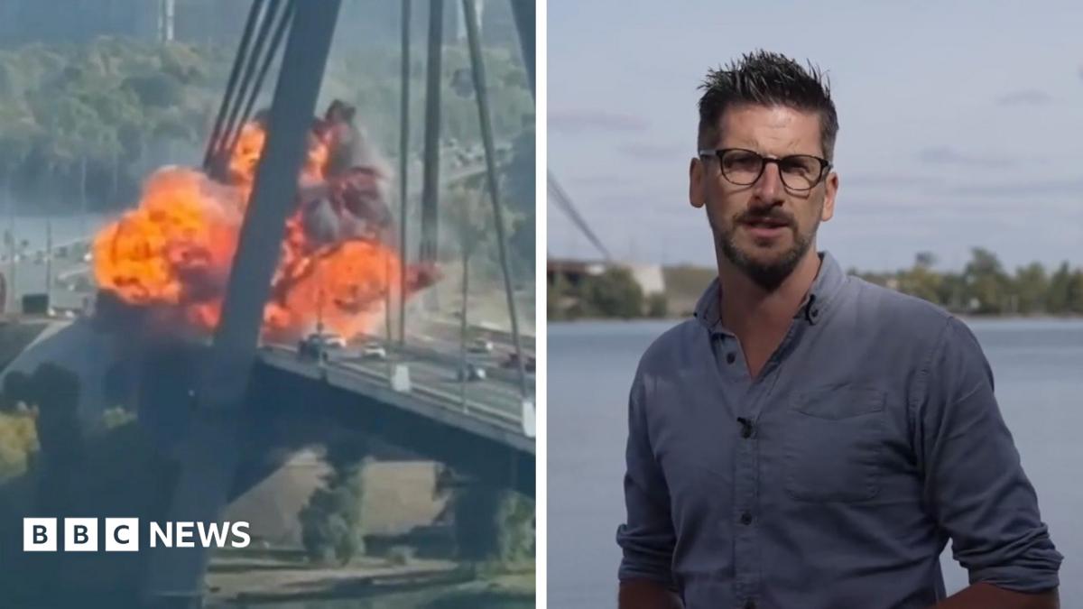 Split-screen shows a bridge engulfed in flames and a reporter standing beside a river.