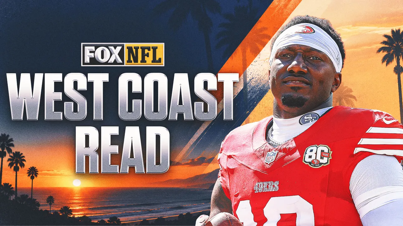 San Francisco 49ers player in a red jersey beside large “West Coast Read” text and a sunset beach backdrop.