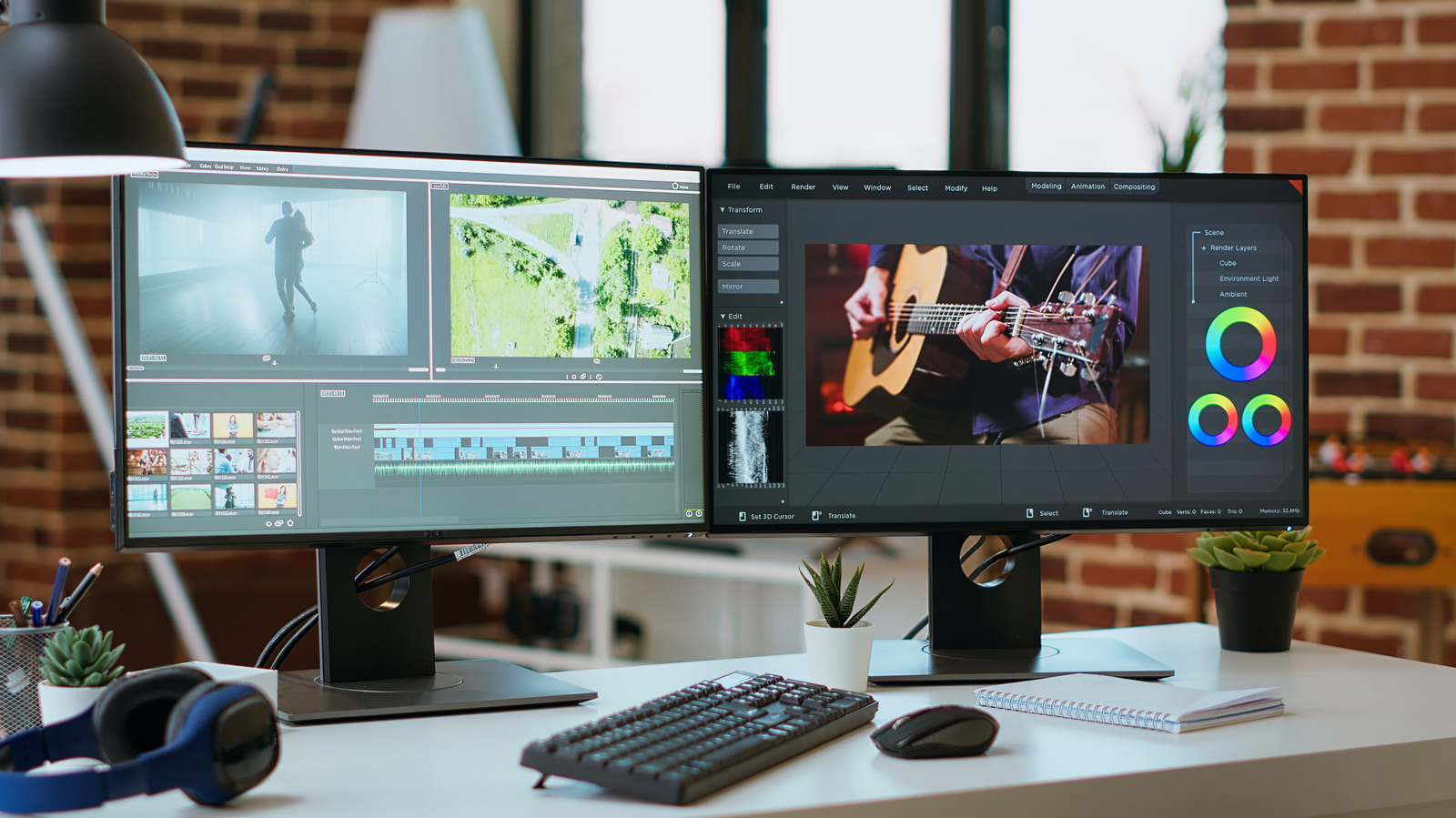 Two monitors display video editing and 3D graphics software on a desk with a keyboard and plants.