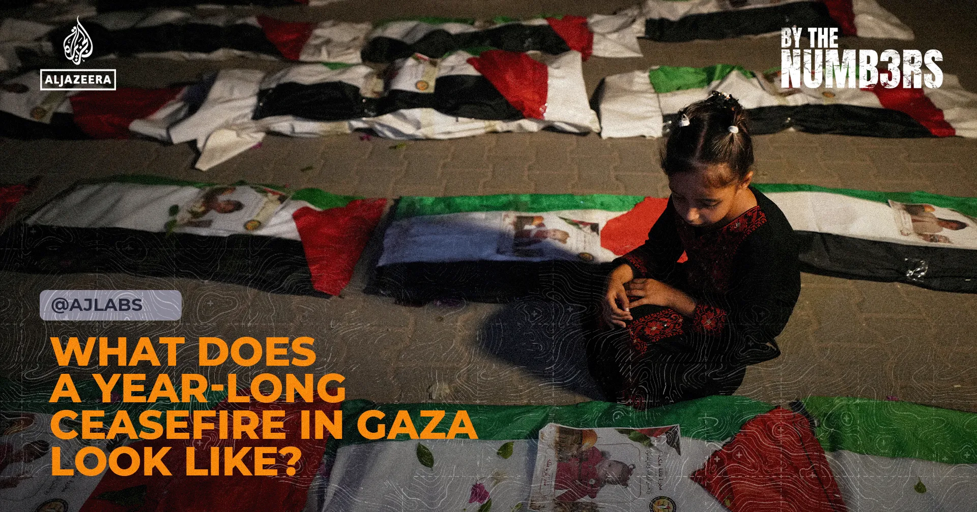 A girl in black clothing sits beside Palestinian flags and printed photographs spread across a paved area.