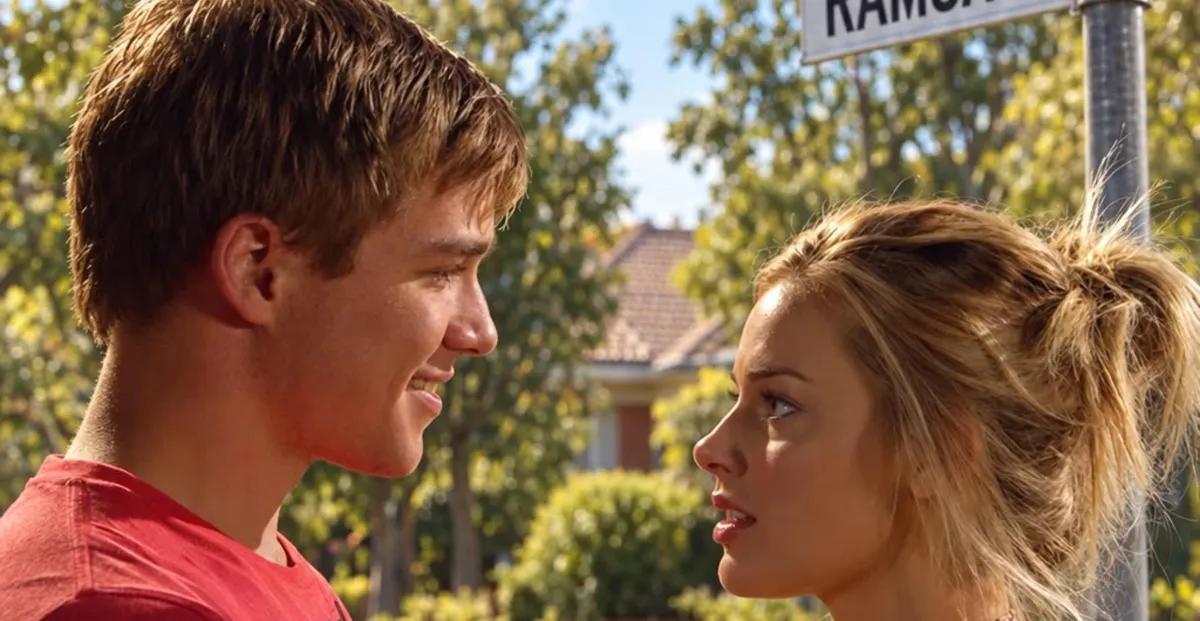A young man and woman face each other outdoors beside a partially visible street sign.