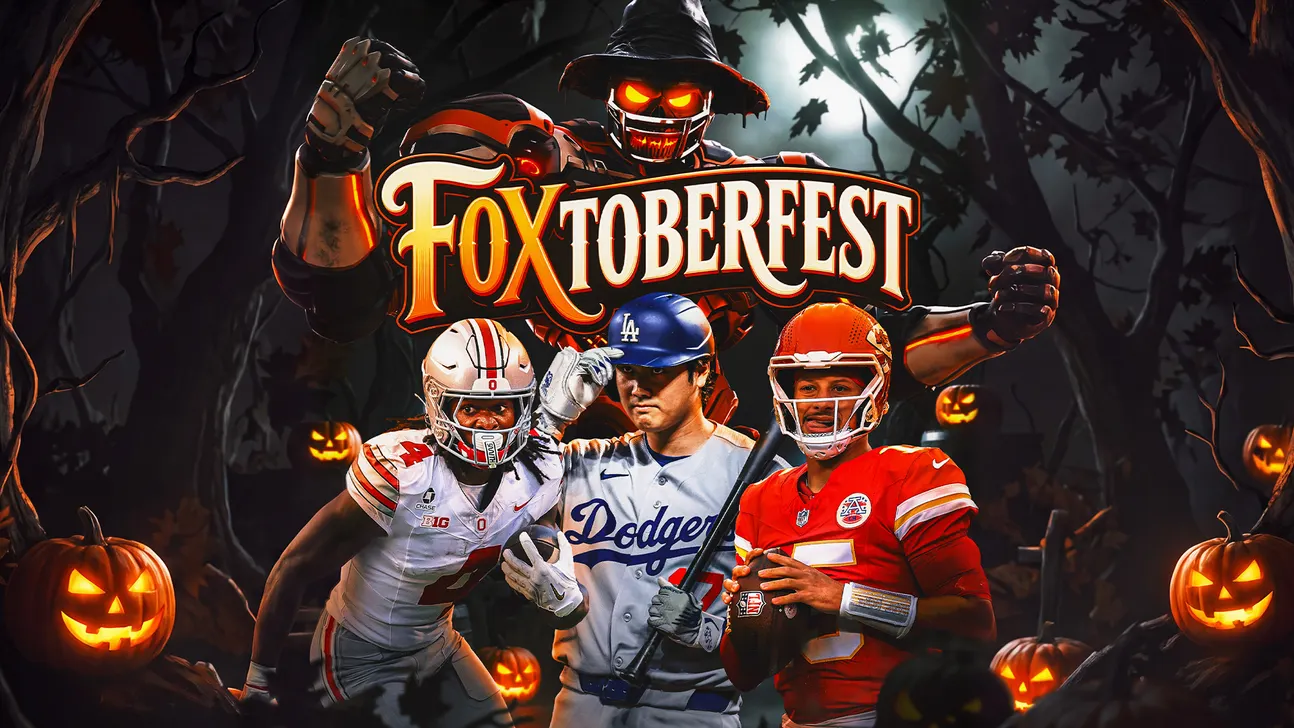 Halloween-themed sports graphic featuring a scarecrow, football players, a baseball player, and glowing jack-o'-lanterns.